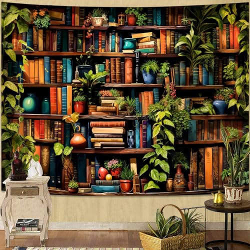Accnicc Botanical Bookshelf Tapestry Lush Green Plant Book Shelf Tapestries Wall Hanging Vintage Retro Potted Plants Academics Extra Large Library Tapestry for Bedroom Living Room Dorm 90 x 68 inch - color: Green, size: 90"L x 68"W