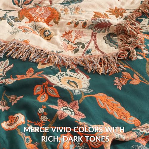 Bailix Boho Throw Blanket for Couch Sofa Bed, 100% Cotton Woven Quilt with Tassel 50”x60”, Super Soft Muslin Blanket with Floral Printed, Decorative Reversible Bed Blanket/Cover for All Seasons - color: B - Boho Floral, size: Throw-50" X 60"