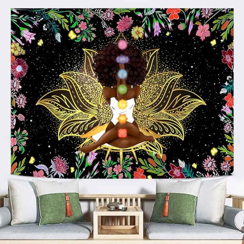 Ine Ive African Chakra Tapestry African American Woman Zen Meditation Tapestries 93x71 Inch Starry Sky Flower Garden Inspirational Afro Yoga Wall Poster for Bedroom Dorm Decor - size: 93"L x 71"W