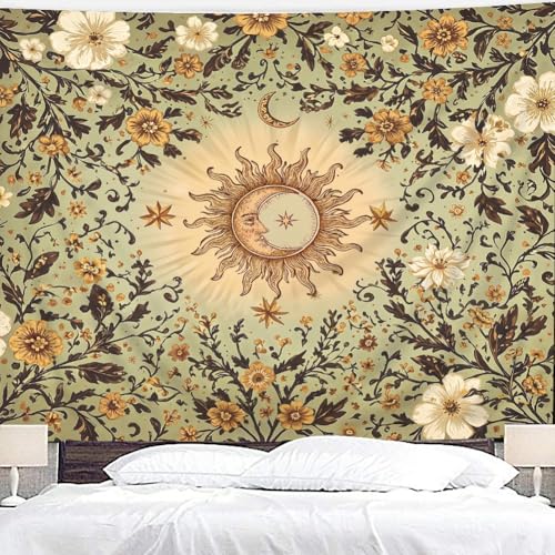 Riyidecor Boho Sun and Moon Tapestry 80Wx60H Inch Green Bohemian Retro Floral Flower Leaves Plant Botanical Vintage Hippie Rustic Wall Hanging Artistic Home Dorm Decor Art Living Room Bedroom - color: A-green, size: 60L" x 80W"
