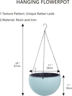 Vencer 11 Inch Round Resin Rattan Hanging Planters,Self Watering Hanging Basket for Indoor Outdoor Plants,Hanging Flower Pots with Drain Hole and Metal Chain,Water Indicator,Light Blue,VF-A15-B