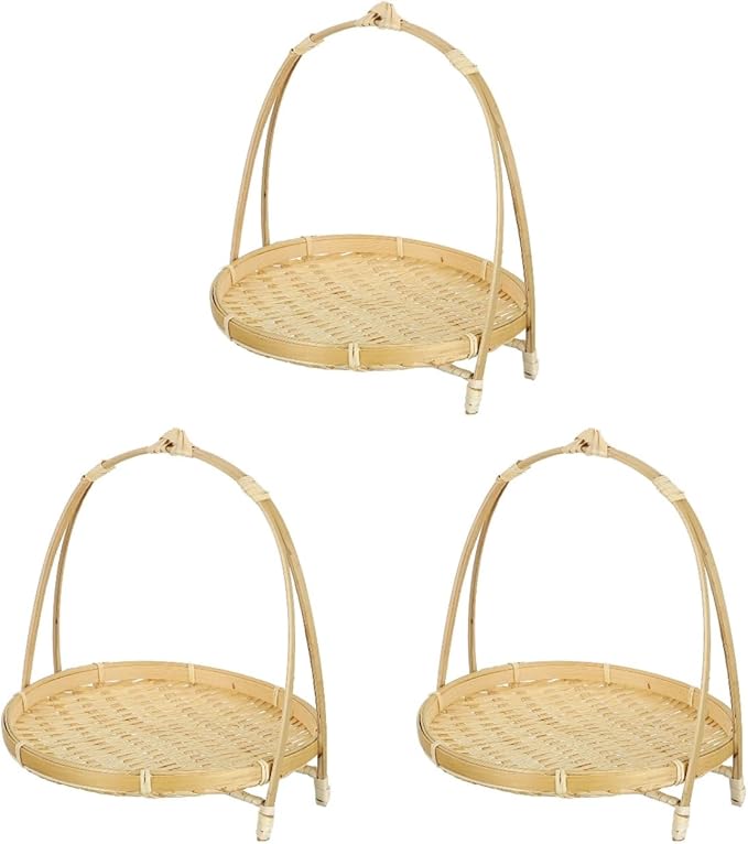 PRETYZOOM 3pcs Bamboo Food Serving Tray with Handle: 7.5 x 7.5 x 8.6 Inch Shallow Bamboo Basket Fruit Snack Food Storage Woven Basket Display Rack