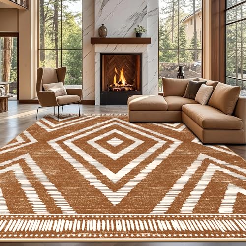 Boho Brown Area Rugs 8x10ft Non Slip, Large Low Pile Washable Rugs for Living Room, Soft Bedroom Area Floor Carpets for Dining Room Kids Nursery Playroom Farmhouse Office - color: Brown, size: 8' x 10' (Rectangular)