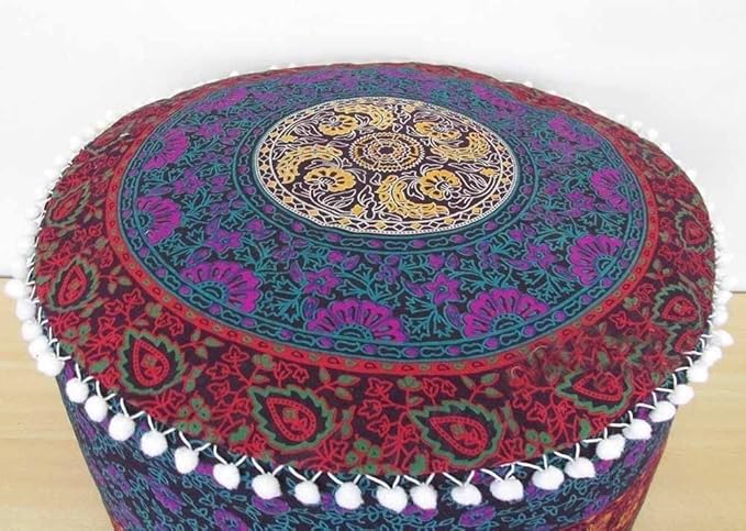 Indian Mandala Floor Pillow Pouf Cover Ottoman Cover Bohemian Footstool Living Room Decor Pillow Sham Hippie Cotton Cushion Cover Meditation Seating Throw