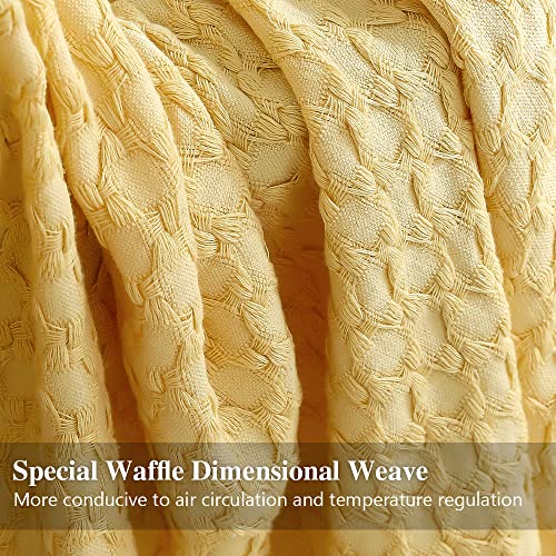 Simple&Opulence 100% Cotton Throw Blanket for Couch, Bed, Waffle Weave Knit Blanket with Tassels, Soft Lightweight Pre-Washed Breathable Comfy Blanket Farmhouse Decor for All-Season(Light Yellow) - color: B-light Yellow