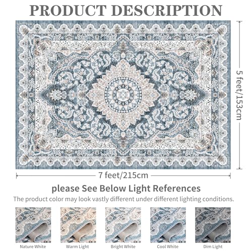 Foxmas 5x7 Area Rugs for Living Room, Machine Washable Vintage Rug, Non-Slip Low Pile Throw Rugs with Rubber Backing Washable Carpet for Bedroom Dining Room Kitchen Home Decor, Blue - color: Blue, size: 5' X 7' (Rectangular)
