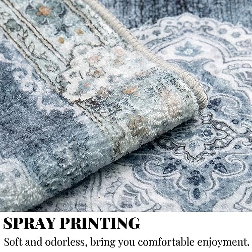 MUJOO Hallway Runner Rug 2'x8' Blue Grey Long Rug Runners Boho Machine Washable Non Slip Carpet for Entryway Kitchen Bathroom Bedside Retro Soft Low-Pile Blossom - color: Blue Grey, size: 2' x 8' (Rectangular)