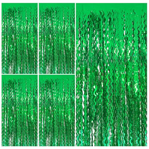 Tinsel Foil Fringe Curtains Wavy Backdrop for Parties Sparkle Metallic Wavy Foil Fringe Backdrop Curtain for Party Decorations Photo Booth Props for Birthday Graduation Wedding - color: Green, size: 5 Pack