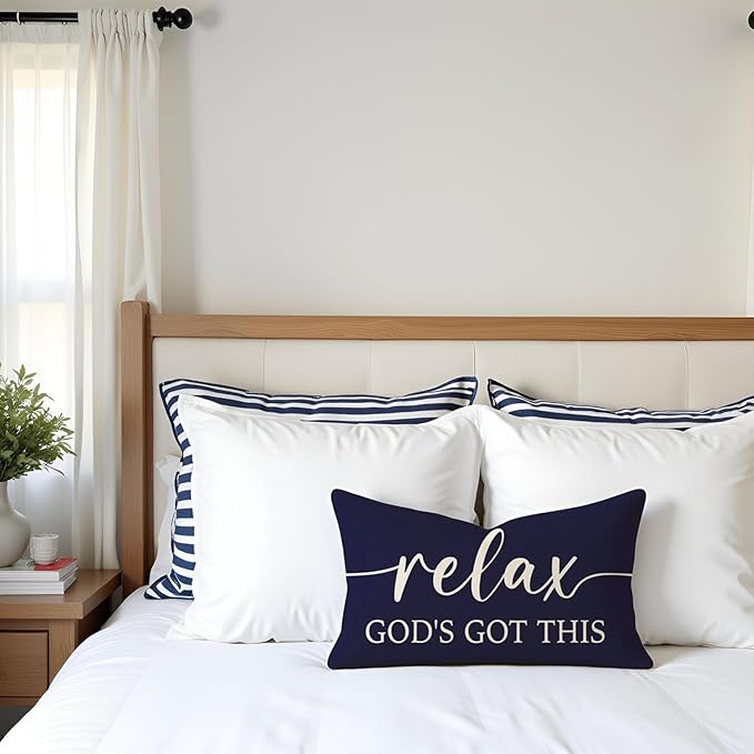 Christian Pillow Covers 12x20 for Bed Set of 2 – Navy Blue Faith Lumbar Cushion Case – Give It to God and Go to Sleep/Relax God’s Got This – Inspirational Gift for Him