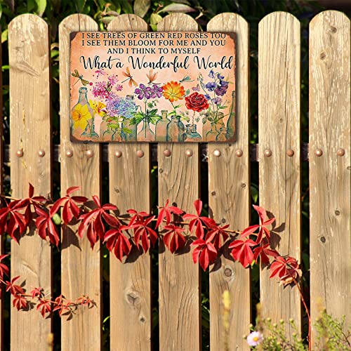 Fmcmly Vintage Tin Signs Dragonfly What A Wonderful World I See Trees of Green Red Rose Too Flowers Poster House Garden Entryway Kitchen Office Living room Cafes Wall Decor 8x12 Inch - color: Tin Sign04