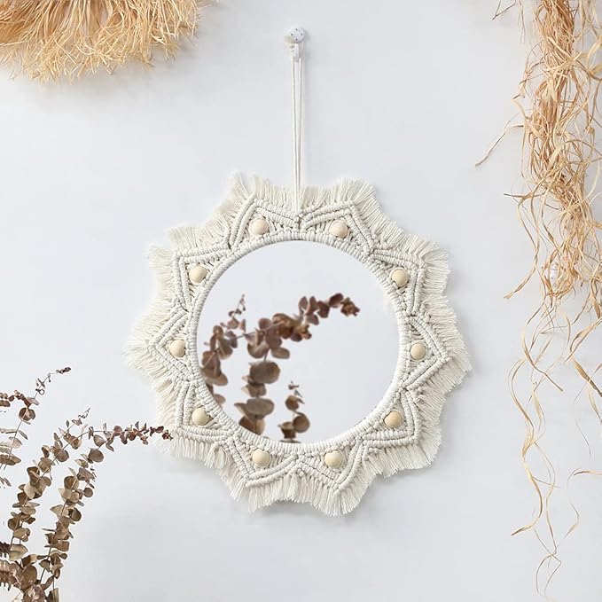 Artilady Macrame Hanging Wall Mirror - Boho Fringe Round Handmade Decorative Acrylic Mirror for Apartment Living Room Bedroom Baby Nursery Home Decor (Wood Beads)
