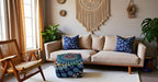 CRAFT KALA Indian Square Patchwork Traditional Pouf Cover Indian Living Room Pom Poufs Cover Decorative Designer Ottoman Home Living Footstool Chair Cover Ottoman Decor 20X20X14 inches, Blue Mirchi