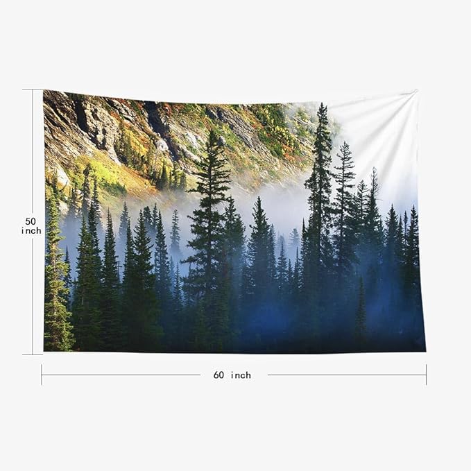 EMMTEEY Tree Tapestry - Fog and Pine Tree on Rugged Mountainside - 60x50 Inches - Perfect for Families
