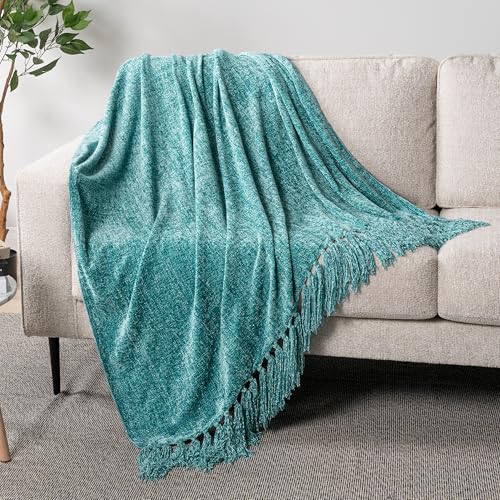 PAVILIA Teal Chenille Throw Blanket for Couch Sofa, Soft Turquoise Throw with Tassel, Decorative Blanket for Bed Chair Living Room, Teal 50x60 - color: Teal, size: 50 X 60 Inches - Throw