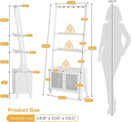 4-Tier Ladder Shelf with Drawers 59.5"H x 24.8"L x 10.6"W, Ladder Bookshelf with 6 Hooks, Tall Narrow Retro Bookcase, Freestanding Storage Shelf for Living Room, Home Office, Bedroom, White