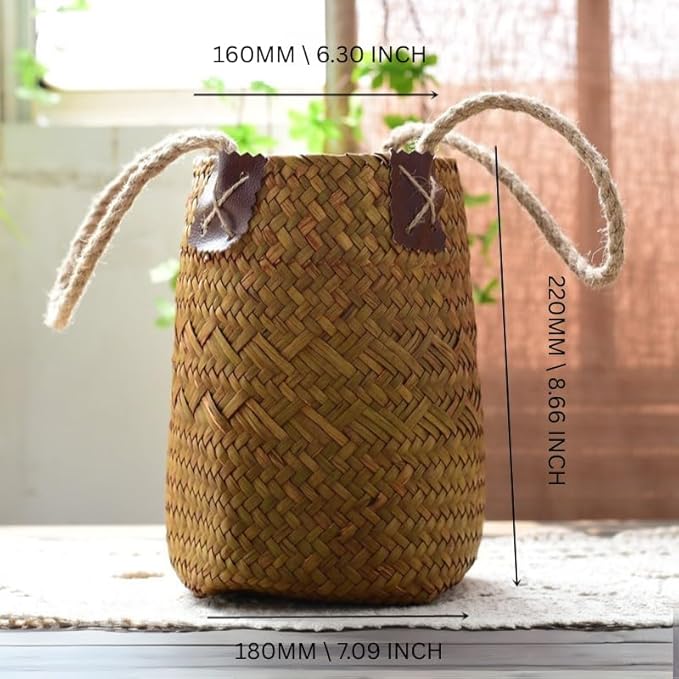 Handwoven Straw Orchid Pot Cover Basket – Decorative Woven Planter for Phalaenopsis, Flower Vase for Living Room, Entryway, or Tabletop – Natural Khaki (Rustic Woven Basket Planter)