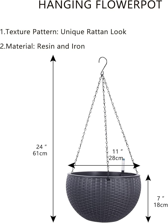 Vencer 11 Inch Round Resin Rattan Hanging Planters,Self Watering Hanging Basket for Indoor Outdoor Plants,Hanging Flower Pots with Drain Hole and Metal Chain,Water Indicator,Grey,VF-A15-G