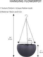 Vencer 11 Inch Round Resin Rattan Hanging Planters,Self Watering Hanging Basket for Indoor Outdoor Plants,Hanging Flower Pots with Drain Hole and Metal Chain,Water Indicator,Grey,VF-A15-G
