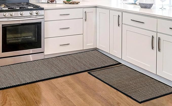 Artoid Mode Washable Non-Skid Kitchen Rugs and Mats Set of 2, Rubber Backing Home Decor Kitchen Mats for Floor Front of Sink Black - 17x29 and 17x47 Inch