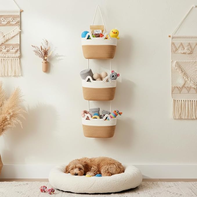 Hanging Wall Basket, Over the Door Hanging Basket with Hooks, Decorative Hanging Basket for Wall, Door, Nursery, Living Room, Bathroom, Cat-Like Design for Boho Decor, White & Jute