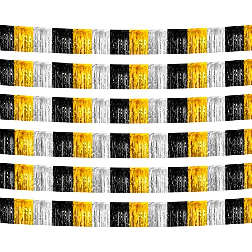 6 Pack 10 Feet Black Gold Silver Foil Fringe Garland Metallic Tinsel Streamers Banner Wall Hanging Backdrop Banner for Parade Floats, Thanksgiving, Christmas, Birthday, Halloween Party Decorations - color: 6 Pack Black Gold Silver