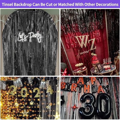 Black Tinsel Foil Fringe Curtains 3.3 x 8.2 ft, Black Fringe Backdrop for Streamers Party Decorations, Glitter Photo Backdrop for Door Decorations Hanging Birthday Bachelorette Halloween (2 Pack) - color: Black