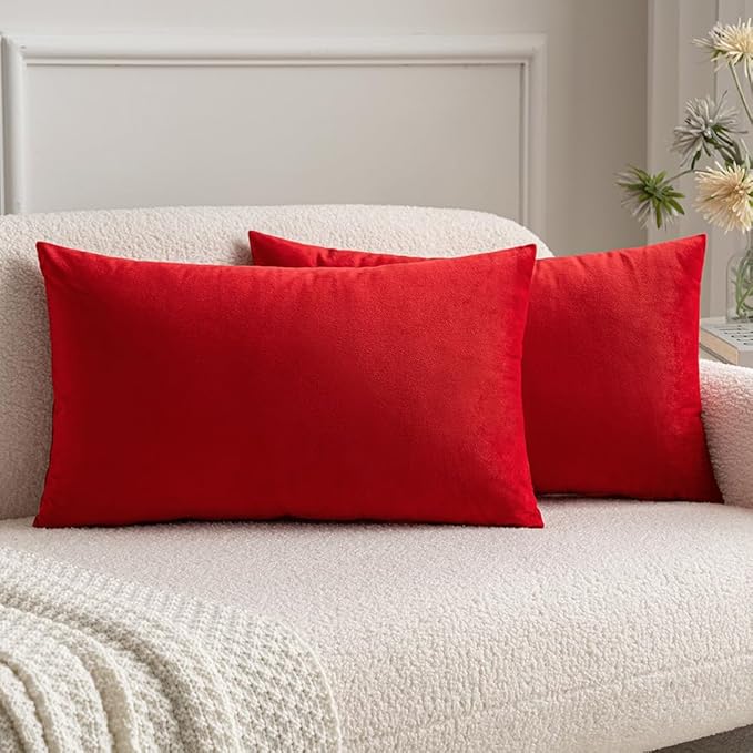 MIULEE Velvet Throw Pillow Covers 12x20 Inch, Pack of 2 - Bright Red, Soft Solid Lumbar Decorative Pillow Covers Modern Luxury Home Decor for Chair Couch Sofa Bedroom Livingroom