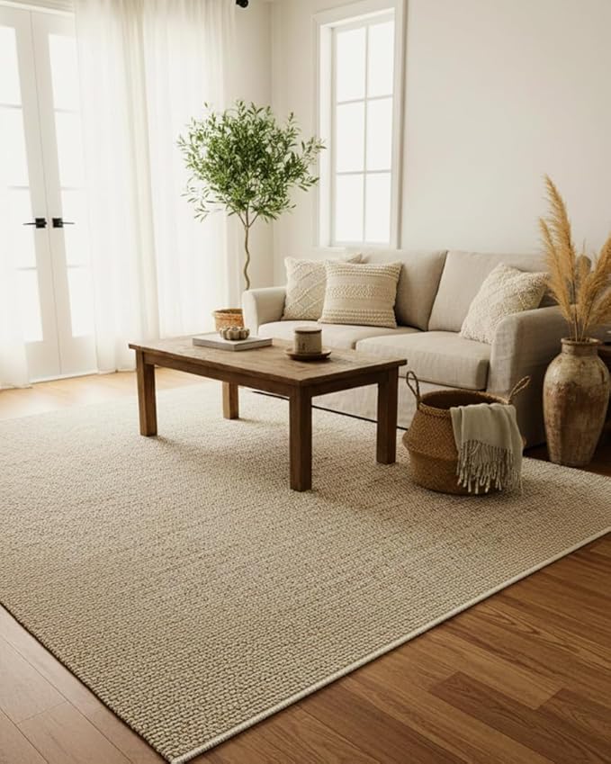 Jute Cotton Hand Woven Natural Farmhouse Area Rug for Living Room Bedroom Kitchen Hallway Entryway- Rustic Vintage Bohemian Decor - (9' x 12' Cotton Jute)