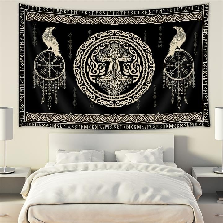 Hajmsug Vikings Tapestry,Black and White Tree Bird of Wisdom Celtic Rune Ancient Rune Totem Norse Mythology Medieval Viking Wall Art,Aesthetic Mythology Tapestry for Bedroom Living Room,80X60 Inch. - color: Black, size: 60"L x 80"W