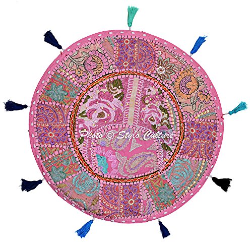 Ethnic Floor Pillow Cushion Vintage Bohemian Patchwork Cover Round Blush Pink Throw Pillow Cover 18 Small Decorative Decor Seating Pouf Cover Footstool Cotton Embroidered 1 Pc - color: Baby Pink