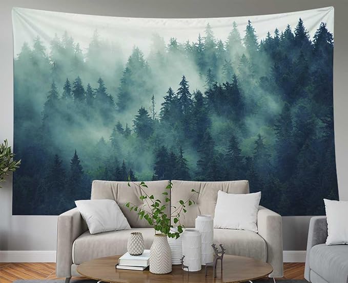 EMMTEEY Forest Tapestry Wall Art 60x40 - Misty Pine Mountain Scenery, Durable Nature Tapestry for Bedroom & Living Room Decor, Outdoor Green Tree Tapestries