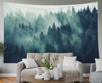 EMMTEEY Forest Tapestry Wall Art 60x40 - Misty Pine Mountain Scenery, Durable Nature Tapestry for Bedroom & Living Room Decor, Outdoor Green Tree Tapestries