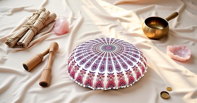 Round Mandala Floor Pillow Cover Seating Cushion Throw Cover Hippie Decorative Bohemian Ottoman Pouf Cover, Pom Pom Pillow Cases,Boho Indian 22 Inches (Pink)