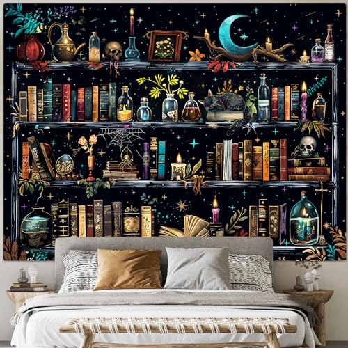 Accnicc Magic Bookshelf Tapestry Magical Witchy Potion Dark Hippie Haloween Tapestries Wall Hanging Gothic Skull Black Cat Library Book Small Tapestry for Bedroom Living Room Dorm 60 x 44 inch - color: Blue, size: 60"L x 44"W