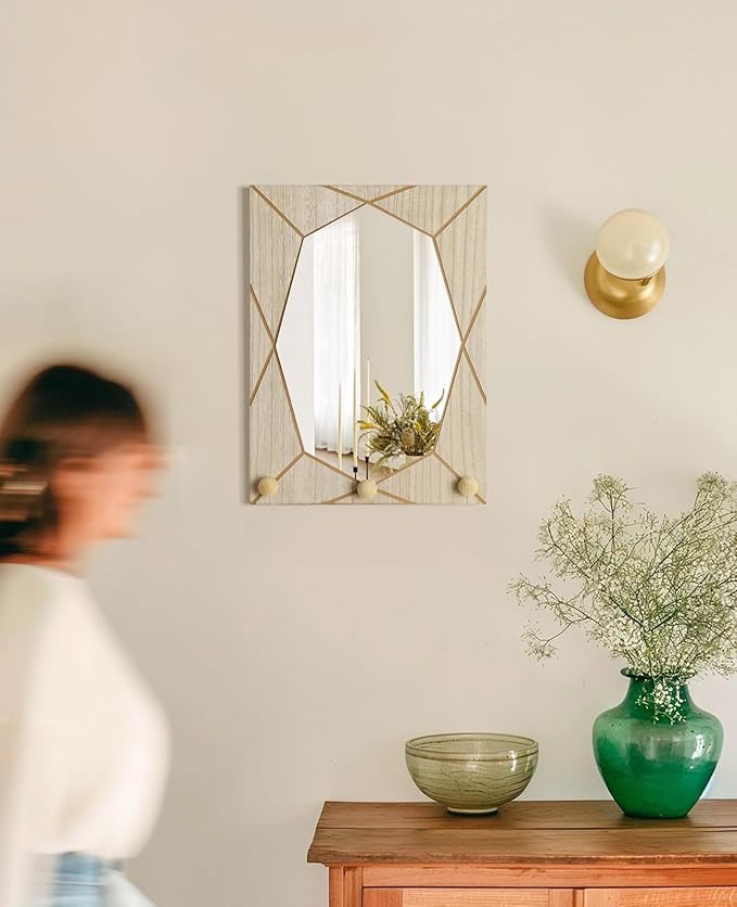 Mirror Wall Decor for Living Room Bedroom, Cottage Octagon Decorative Mirror Art for Modern Rustic Boho House, Geometric Hanging Wall Art Accent Above TV Desk Bed Table Decor, 15.6x11.6