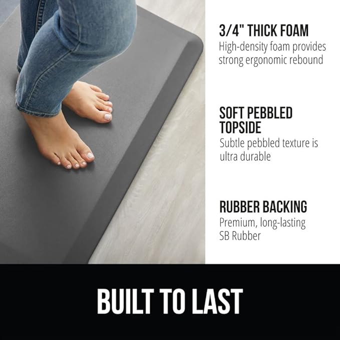 GORILLA GRIP Comfortable Cushioned Kitchen Mats for Floor, 70x24, Waterproof and Stain Resistant Soft Top, 3/4 Inch Thick Ergonomic Standing Desk Anti Fatigue Mat, Foam Supports Ankles and Feet, Grey