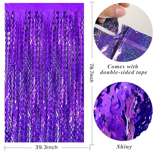 2 Pack Purple Backdrop Tinsel Foil Fringe Curtains Sparkle Metallic Wavy Foil Fringe Backdrop Curtain Photo Booth Props for Halloween Party Decorations Birthday Graduation Bachelorette - color: Purple, size: 2 Pack