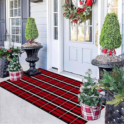 Christmas Outdoor Rugs 24 x 51''Black Red Buffalo Plaid Front Porch Rug Hand-Woven Machine Washable Indoor/Outdoor Layered Door Mats for Entryway/Bedroom/Outdoor - color: Black Red, size: 24''x 51''
