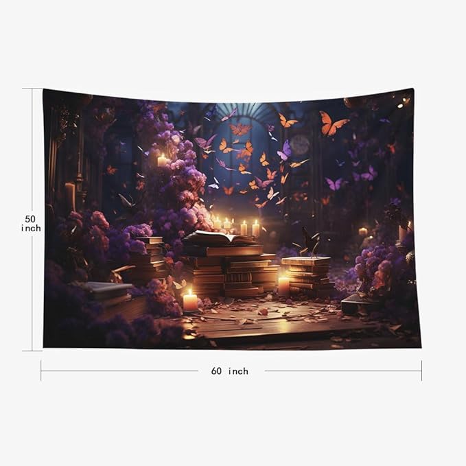 EMMTEEY Medieval Books Aesthetic Tapestry 60X50 Inch - Mystical Butterflies Home Wall Decor Fantasy Fairy Backdrop for Bedroom Dorm