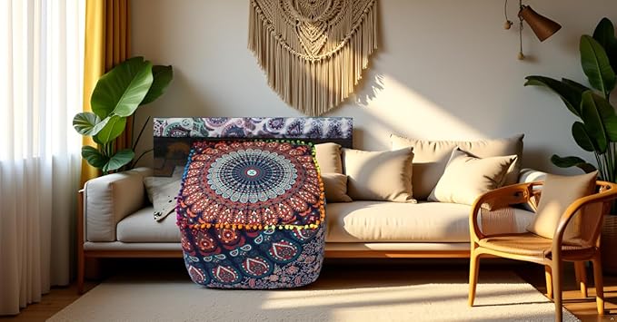 CRAFT KALA Indian Square Patchwork Traditional Pouf Cover Indian Living Room Poufs Cover Decorative Designer Ottoman Home Living Footstool Pom Ottoman Cover Decor 22X22X14 inches, Multi-Color Mirchi
