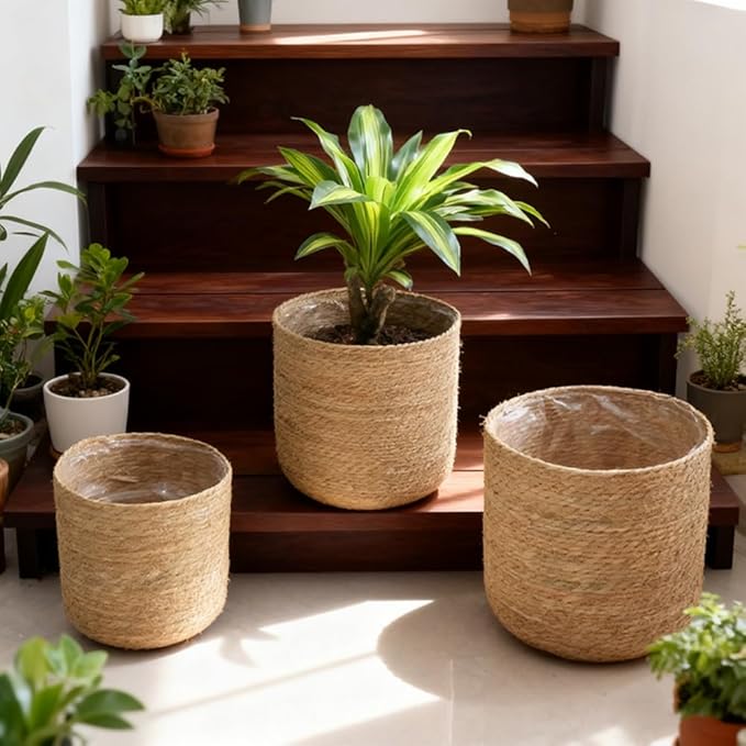 16 inch XLarge Seagrass Woven Planter Basket - Wicker Planter Basket with Plastic Film Insert for Indoor Plants, Large Monstera Pot, Woven Storage Basket, Boho Home Decor (XLarge)