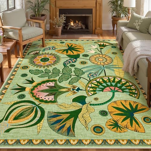 Joydeco Egypt Floral Boho 8x10 Area Rug for Living Room, Washable Sage Green Bedroom Dining Room Rug Non Slip, Vintage Large Indoor Throw Carpet for Playroom Nursery Dorm Classroom - color: Sage Green, size: 8' x 10' (Rectangular)