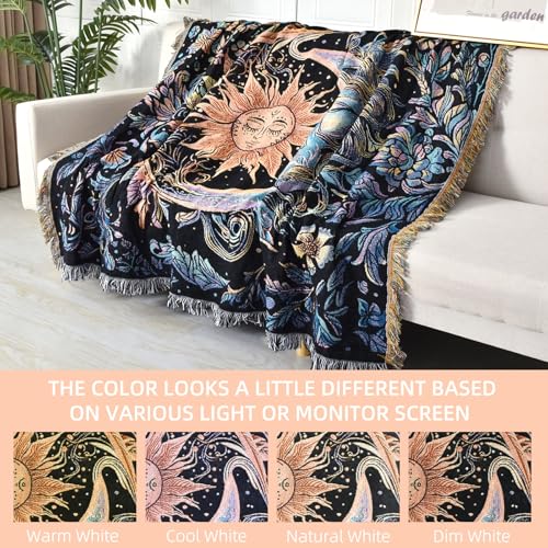 Boho Throw Blanket Reversible Cotton Bohemian Tapestry Hippie Room Decor Outdoor Blanket Double Sided (Boho Sun Black 50"x60") - color: Boho Sun 2, size: 50*60 inch