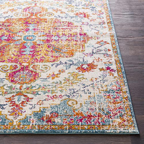 Hauteloom Kaleidoscope Area Rug - Medallion Distressed Floral Border Faded - Traditional Oriental Turkish Transitional Boho - Beige, Mustard, Medium Gray, Multicolor, Cream - 2' x 2'11" - color: Peach, Mustard, Medium Gray / Hosking, size: 1'11" x 2'11" (