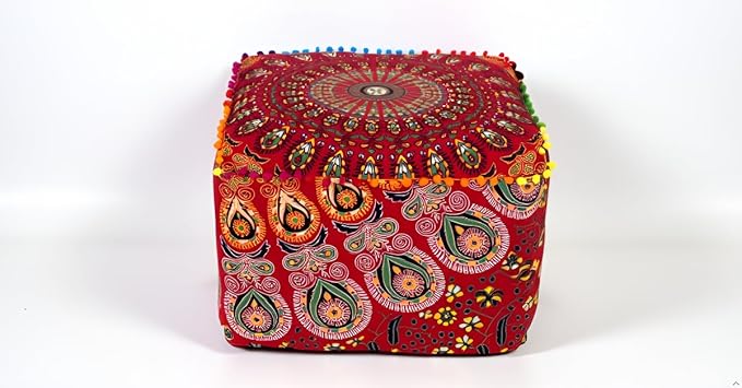 CRAFT KALA Large Hippie Mandala Meditation Floor Ottoman Pillow Cushion Pouf Cover Square Poufs Cover Bohemian Circle Floor Cushion Case Outdoor Fireplace Living Room Decor 16X16X14 inches, Red Mirchi