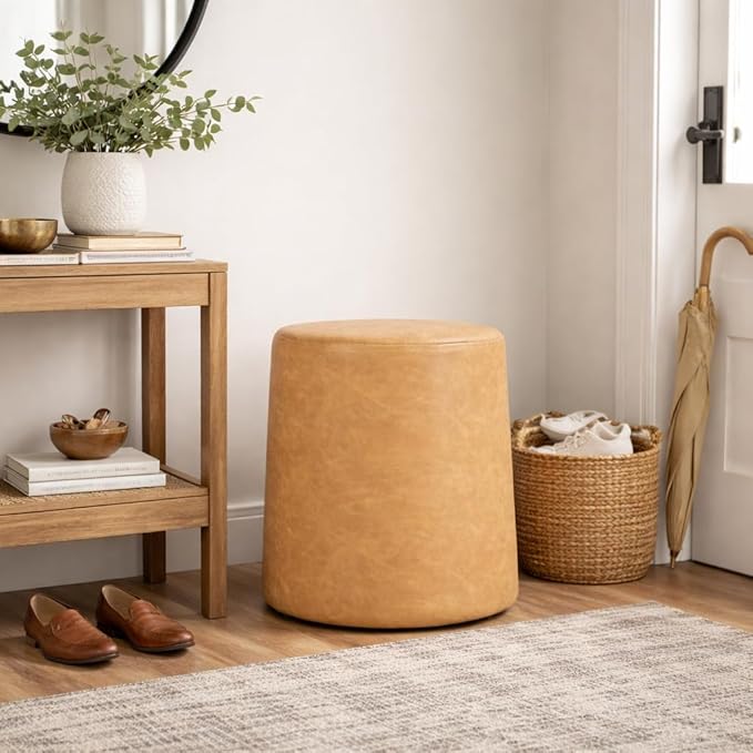 Spatial Order Faux Leather Organic ShapeOttoman (No Lid, Seat Only) | HomePop Home Décor | Round Pouf Foot Rest – Sand Faux Leather