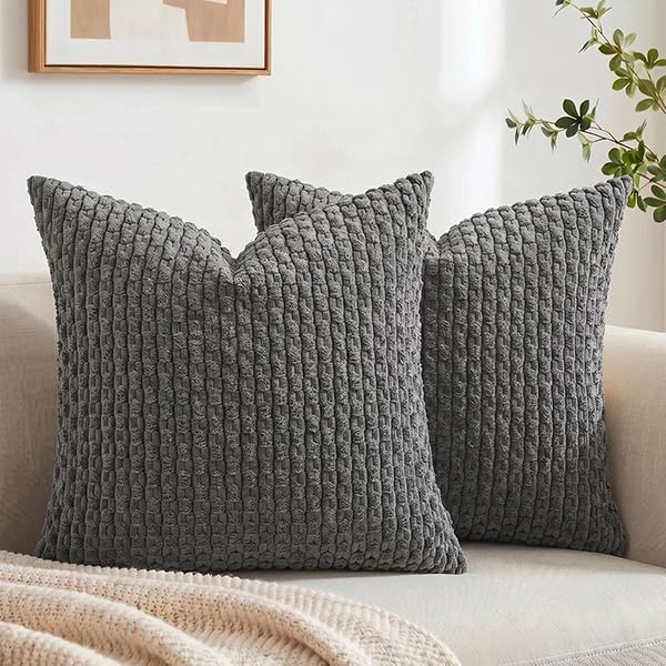 Fancy Homi 2 Packs Dark Gray Decorative Throw Pillow Covers 18x18 Inch for Couch Bed Sofa, Modern Farmhouse Boho Home Decor, Soft Cute Plush Grey Corduroy Striped Cushion Case 45x45 CM - color: Dark Gray, size: 18" x 18" (Pack of 2)