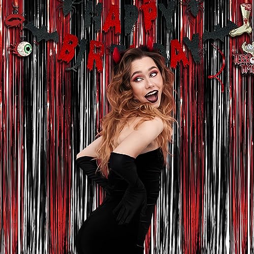 Black Red Party Streamers Backdrop - GREATRIL Foil Fringe Tinsel for Stranger/Friday Party/Halloween Party Decorations - 3.2ft X 8.2ft - 2 Packs - color: Black Red