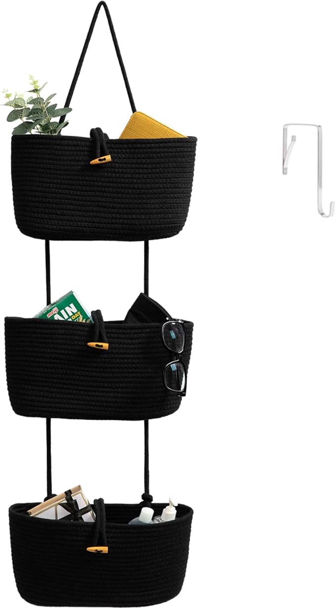 TeoKJ Over the Door Hanging Baskets with Button Strap, 3-Tier Woven Cotton Storage Organizer Bag, Wall-Mounted with Hook Decorative Hanging Nursery Baskets - Black