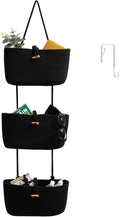 TeoKJ Over the Door Hanging Baskets with Button Strap, 3-Tier Woven Cotton Storage Organizer Bag, Wall-Mounted with Hook Decorative Hanging Nursery Baskets - Black